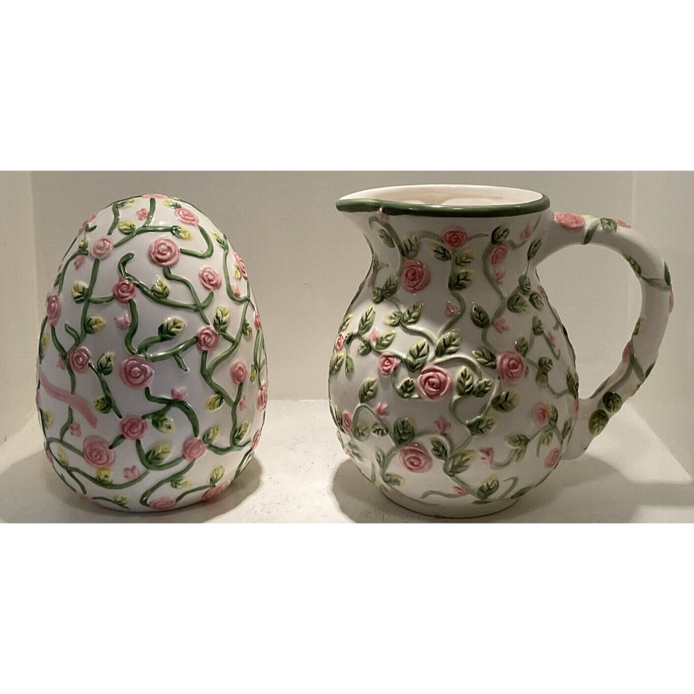 Baum Bros Style-Eyes 8” Vase And Egg Ceramic Green Pink Yellow Flowers **Read**